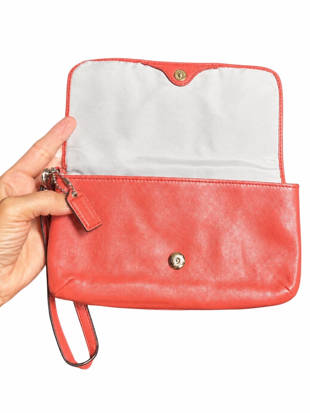 Coach Coral/Salmon Leather Convertible Wristlet Clutch Gathered Front Logo Purse - Picture 7 of 9